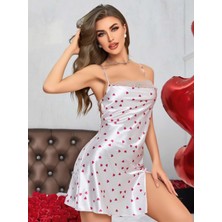 Tudik Collection Kadın Beyaz Fuşya Kalp Desenli Saten Gecelik 2219