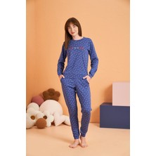 Tudik Collection Pjs 28081 Kadın Uzun Kol Yuvarlak Yaka Kalpli Pijama Takım
