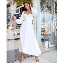 Twomeey Kadın Madonna Yaka Balon Kol Maxi Boy Ithal Double Kumaş Elbise