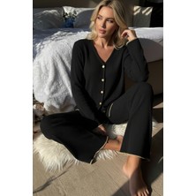 Tudik Collection Premium Kadın Fitilli Pijama Takımı – Siyah Gold Biye Detaylı, Yumuşak Dokulu Ev Şıklığı