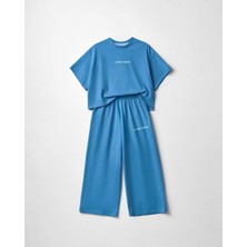 Magu Kız Çocuk Pamuklu Mavi Baskılı T-Shirt Pantolon Takım - Bol Kesim Rahat Set