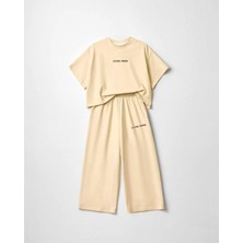 Magu Kız Çocuk Pamuklu Bej Baskılı T-Shirt Pantolon Takım - Bol Kesim Rahat Set