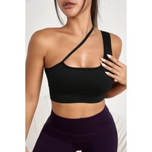 Tudik Collection Kadın Siyah Tek Omuzlu Çapraz Askılı Crop Top Büstiyer