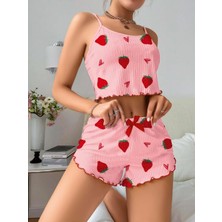 Tudik Collection Kadın Pembe Çilek Desenli Şortlu Pijama Takımı 5056