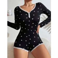Tudik Collection Kadın Siyah Kalp Desenli Pijama Tulumu
