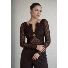 Trend Esinty Kadın Damla Yaka Gold Detay Dantel Tasarım Bluz