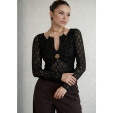 Trend Esinty Kadın Damla Yaka Gold Detay Dantel Tasarım Bluz