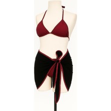 Tudik Collection Kadın Bordo Siyah Pareolu Yandan ve Boyundan Bağlamalı 3'lü Bikini Takımı