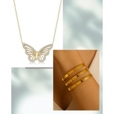 Sinerjim 2'Lİ Set - Altın Renk 3 Adet Kalın Ajda Bilezik, Altın Renk Kelebek Kolye SNJ-SET1001