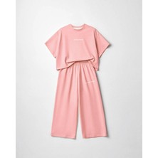 Magu Kız Çocuk Pamuklu Pembe Baskılı T-Shirt Pantolon Takım - Bol Kesim Rahat Set