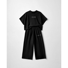 Magu Kız Çocuk Pamuklu Siyah Baskılı T-Shirt Pantolon Takım - Bol Kesim Rahat Set