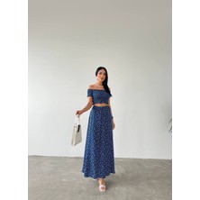 Trend Esinty Kadın Madonna Yaka Crop Bluz ve Maxi Etek Viskon Kumaş Ikili Takım