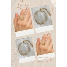 Sinerjim 2'Lİ Set - Zirkon Taşlı Üçlü Asansör Bileklik, Oval Motif Zirkon Ayarlanabilir Yüzük SNJ-SET1002