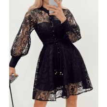 Trend Esinty Boydan Düğmeli Astarlı Balon Kol Fermuarlı Tül Elbise