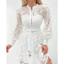 Twomeey Boydan Düğmeli Astarlı Balon Kol Fermuarlı Tül Elbise