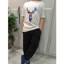 Pidal Giyim Renkli Geyik Baskılı Pamuklu Yumuşak Dokulu Kısa Kollu Unisex Çocuk Eşofman Takımı