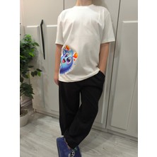 Pidal Giyim Sevimli Canavar Baskılı Pamuklu Yumuşak Dokulu Kısa Kollu Unisex Çocuk Eşofman Takımı