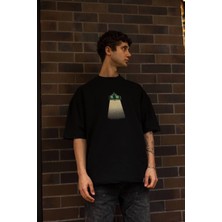 Glam Love Bisiklet Yaka Baskılı Oversize T-Shirt - Siyah -