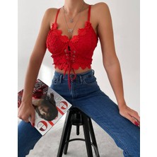 Cemo Kadın Dantel Detaylı Bağcıklı Askılı Crop Bluz
