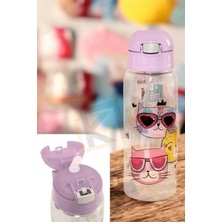 Güzelyüz Avm Mono Pipetli Matara 500ML | Lila Kedi Model Suluk Kapaklı Su Şişesi Öğrenci Okul Matarası