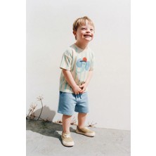 Magu Erkek Çocuk Pamuklu Bej Çizgili Fil Baskılı T-Shirt Şort Takım - Bağcıklı Rahat Set