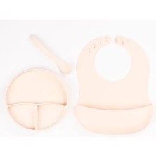 Livenda Krem Rengi 3’lü Silikon Yemek Seti – Önlük + Diş Kaşıyıcılı Kaşık + Vakumlu Tabak