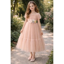 Tarz Çocuk Kız Çocuk Pudra Tüllü Abiye Elbise – Çiçek Kemerli, Kat Kat Prenses Model (5-9 Yaş)