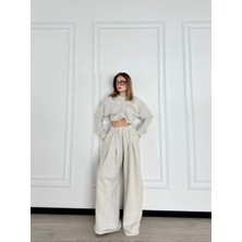 Glam Love Uzun Kollu Önü Ip Büzgülü Crop ve Pantolon Ikili Takım - Gri -