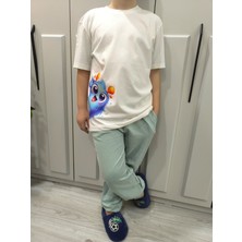 Pidal Giyim Sevimli Renkli Canavar Baskılı Pamuklu Yumuşak Dokulu Kısa Kollu Unisex Çocuk Eşofman Takımı