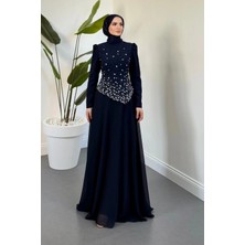 Merven Akyüz Liyana Üstü Taşlı Asimetrik Kesim Abiye Lacivert