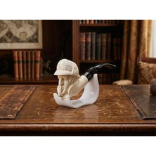 Goldenlight Meerschaum El Oyması Lületaşı Sherlock Holmes Figürlü Pipo – Blok Taş, Akrilik Ağızlık