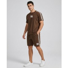 Risil-Nu Company Yeni Sezon Çizgi Baskılı Premium Penye Kumaş Yanları Şeritli Bisiklet Yaka T-Shirt- Şort 2'li Takım