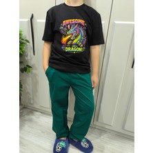 Pidal Giyim Ejderha Temalı Neon Baskılı Pamuklu Yumuşak Dokulu Kısa Kollu Erkek Çocuk Eşofman Takımı