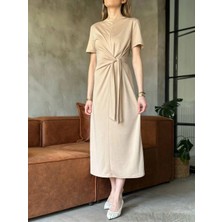 Glam Love Osy Modal Yumuşak Dokulu Kumaş Yandan Bağlamalı Elbise - Bej -