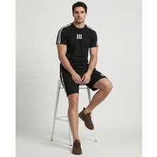 Risil-Nu Company Yeni Sezon Çizgi Baskılı Premium Penye Kumaş Yanları Şeritli Bisiklet Yaka T-Shirt- Şort 2'li Takım