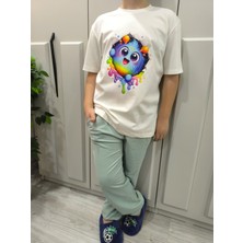 Pidal Giyim Sürpriz Canavar Baskılı Pamuklu Yumuşak Dokulu Kısa Kollu Unisex Çocuk Eşofman Takımı