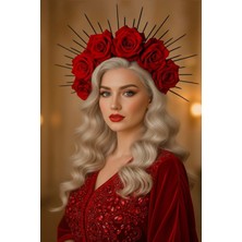 Caş Dekorasyon Kırmızı Renk Çiçekli Gelin Kına Tasarım Taç