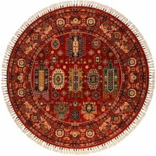 Çam Halı Sultani 807 Kırmızı Daire Yün ve Bambu ile Özel Tezgahlarda Üretilen Otantik Desenli El Emeği Modern Uşak Halısı