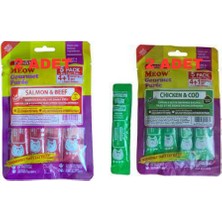 Meow Karışık Lezzet Krema Kedi Ödül Maması 4 Adet, Somonlu Biftekli Vetavuklu Morina Balıklı Krema