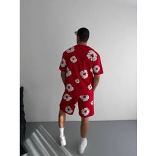 Glam Love Iki Iplik Kumaş Baskılı T-Shirt Şortlu Takım- Kırmızı -