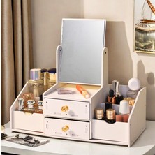 Gaman Masaüstü Düzenleyici Makyaj-Kozmetik Saklama Kutusu Dikdörtgen Aynalı Özel Tasarım -Beyaz