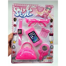 abnturk Kız Çocuk Oyuncak Moda Güzellik Seti 6 Parça Oyuncak Çanta Gözlük Ayna Telefon Evcilik Set 38X26 cm