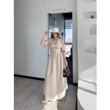 Glam Love Kısa Kollu Uzun Elbise - Kırık Beyaz -