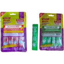 Meow Karışık Lezzet Tahılsız Krema Kedi Ödül Mama 2 Adet,somonlu ve Biftekli Vetavuklu ve Morina Balıklı
