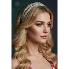 Caş Dekorasyon Gümüş Renk Kristal Boncuklu Gelin Nişan Taç