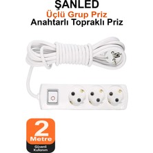 ŞANLED Grup Priz Topraklı 3'lü Çoklu Anahtarlı Priz Seyyar Ara Uzatma Kablosu Kablo 2 Metre