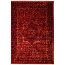 Çam Halı Bambos Plus 904 Kırmızı Yün ve Bambu ile Özel Tezgahlarda Üretilen Afgan Halısı Desenli El Emeği Modern Uşak Halısı