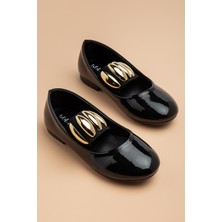 Dilimler Ayakkabı Kız Çocuk Babet Siyah Rugan Elastik Bantlı