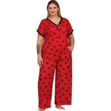 Truva Xxl Kırmızı Kalp Baskılı Büyük Beden Pijama Takımı | Dantel Detaylı, Düğmeli Yaka