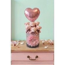 Özel Tasarım Hediye Kutusunda Kalpli Balonlu Pembe Peluş Ayıcık Buketi - Özel Anlar Için